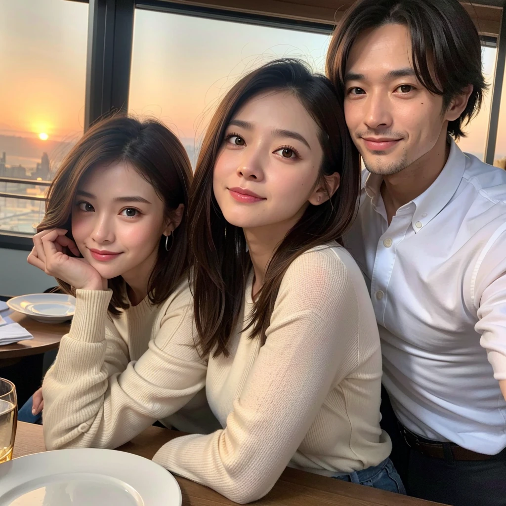 (Realistic:1.2),(masterpiece,Highest quality),8k,((men and women)),Age 35,37 years old、最高のsmile、Happy couple, Full course dinner at the table、wine 、wineグラス、白wine、スパークリングwine、赤wine、Upper Body、Tight waist,Perfect Anatomy, Brown Hair, short hair,Random Hairstyles,Amazing view of the sunset sky and clouds、Long sleeve shirt、dress,((Highly detailed face and eyes:1.2))(Cute Face:1.4),Beautiful actress face,Perfect golden ratio face,woman'suit、Nice,(smile:1.2)、