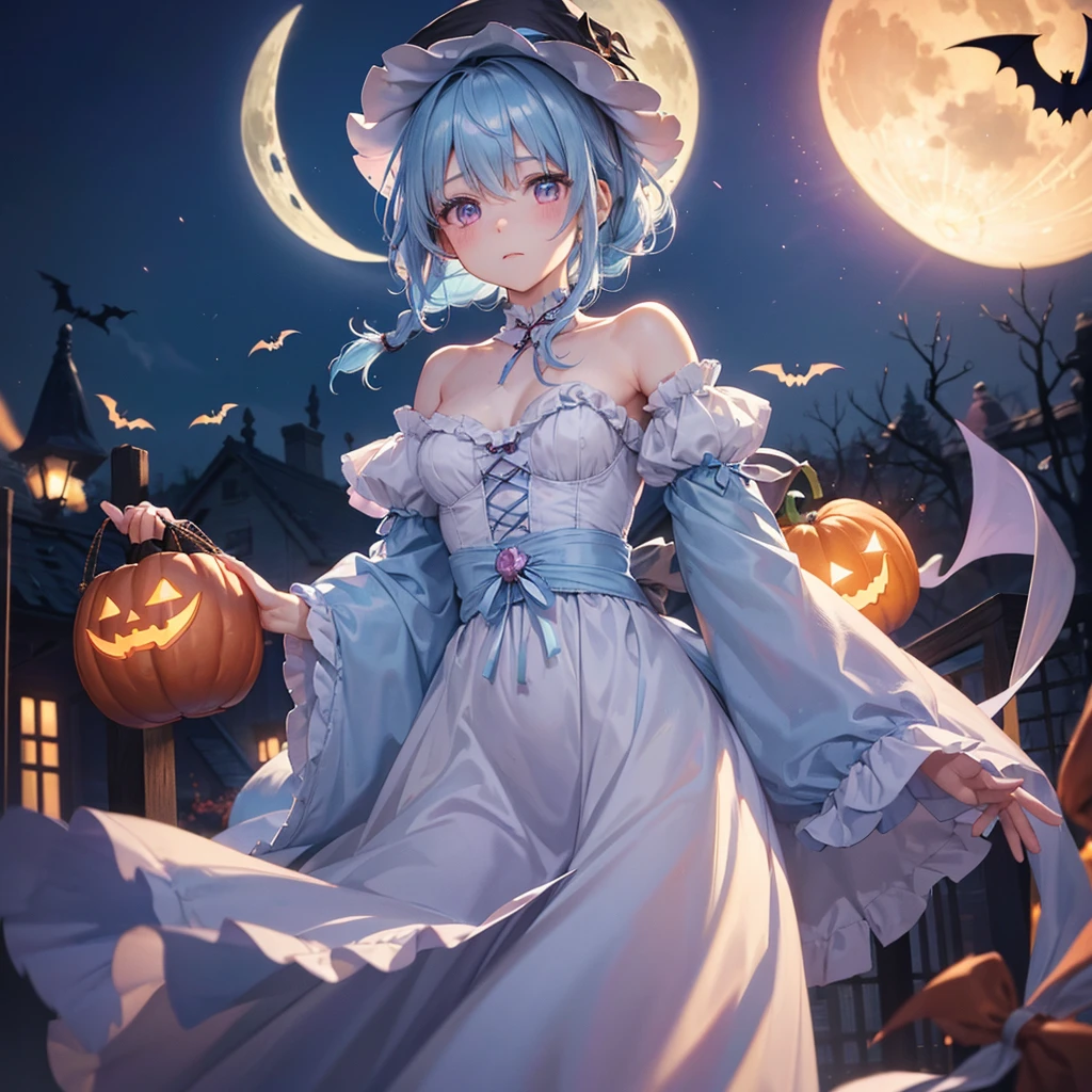 (Light blue medium hair:1.2),(Braided hair:1.2)、Pink eyes、Fair skin、cowboy shot、Halloween、The background is a pumpkin ghost、Crescent Moon、Trick or Treat、A lot of sweets、witch、Halloween night、Candy、many bat、Condescending expression、solo、(masterpiece、Highest quality、Very detailed、Best Shadow)、(Detailed Background)、(Beautifully detailed face)、High contrast、(Best lighting、Very delicate and beautiful)、(Cinematic Light)、colorful、Hyper Detail、Dramatic Light、Exquisite detail、