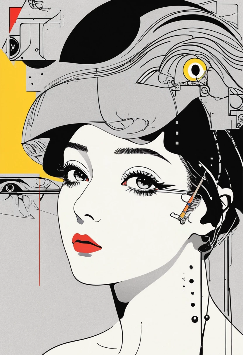 Man Ray:dadaist。Minimalist geometry,Multi-layer collage,Irregularly cropped photos to create a collage,Gray empty,anime Line Art, A pretty woman, Kawaii, Cyberpunk, ink paint Line Art, Vector Art, Thick Line, Technical drawings, (Line Art:1.4), The Minimalists, masterpiece, black and white,