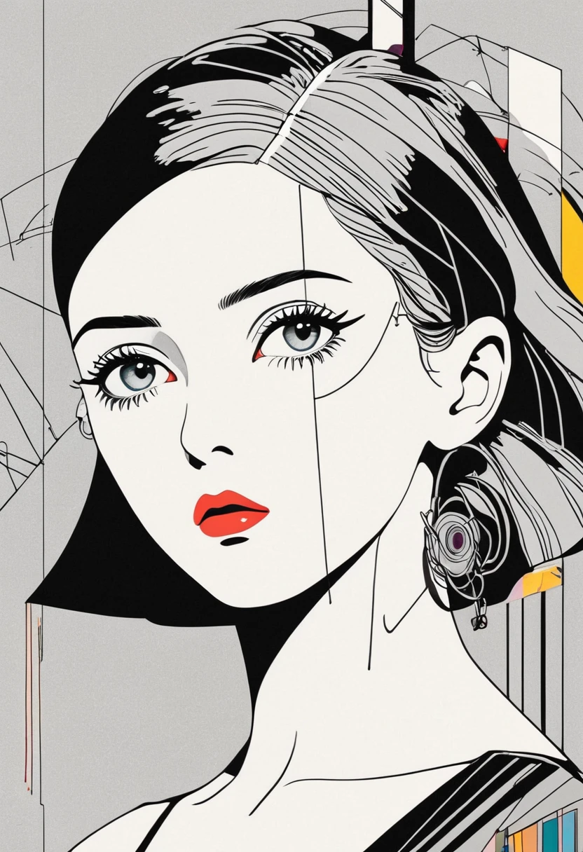 Man Ray:dadaist。Minimalist geometry,Multi-layer collage,Irregularly cropped photos to create a collage,Gray empty,anime Line Art, A pretty woman, Kawaii, Cyberpunk, ink paint Line Art, Vector Art, Thick Line, Technical drawings, (Line Art:1.4), The Minimalists, masterpiece, black and white,