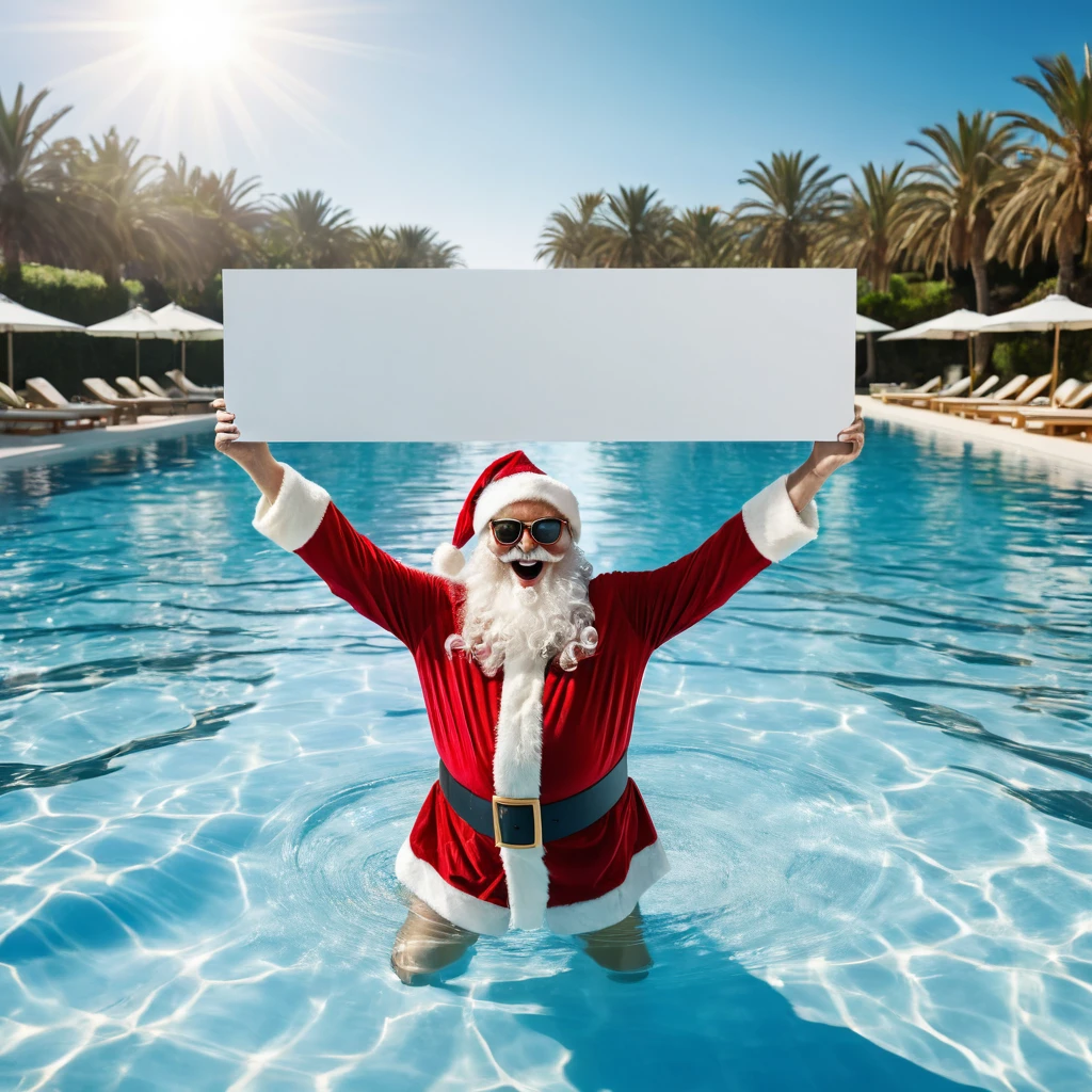Captures an image from different angles of a swimming pool in which there are white rectangular signs in the water without any text, all posters are the same, In the center of the pool, a fat, smiling Santa Claus bathing in sunglasses floats in the water., very happy and holding a giant blank sign without text in his hands above his head . All the action takes place under a bright sun on a Mediterranean beach with impressive lighting for a perfect shot. Professional photography, 8k, RAW photo, The best quality, masterpiece, photorealistic, Highly detailed, cinematic lighting, sharp focus, réflex digital, high resolution, photorealistic,