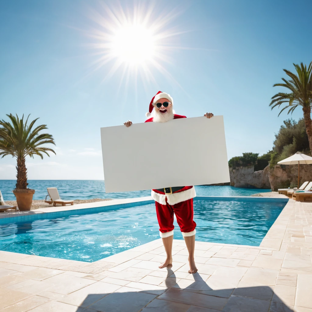 Captures an image from different angles of a swimming pool in which there are white rectangular signs in the water without any text, all posters are the same, In the center of the pool, a fat, smiling Santa Claus bathing in sunglasses floats in the water., very happy and holding a giant blank sign without text in his hands above his head . All the action takes place under a bright sun on a Mediterranean beach with impressive lighting for a perfect shot. Professional photography, 8k, RAW photo, The best quality, masterpiece, photorealistic, Highly detailed, cinematic lighting, sharp focus, réflex digital, high resolution, photorealistic, 