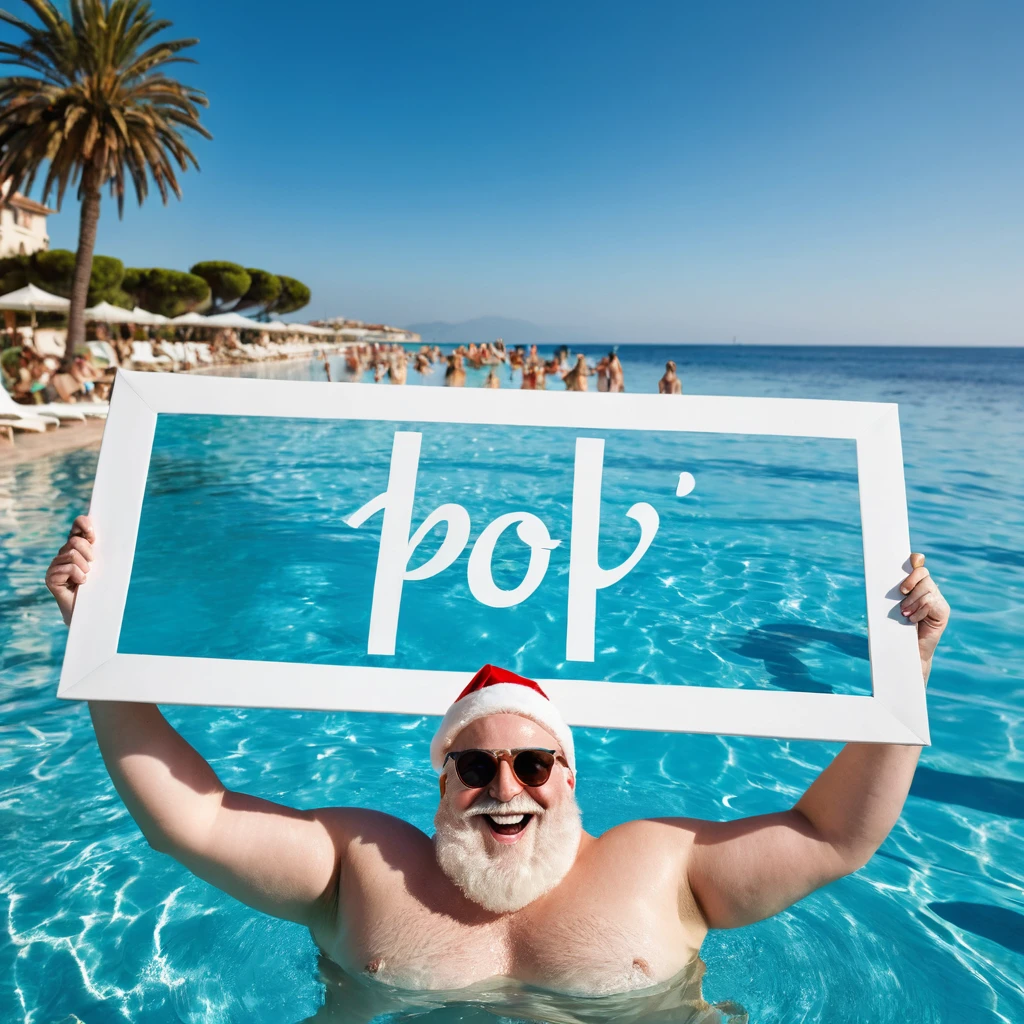 Captures an image from different angles of a swimming pool in which there are white rectangular signs in the water without any text, all posters are the same, In the center of the pool, a fat, smiling Santa Claus bathing in sunglasses floats in the water., very happy and holding a giant blank sign without text in his hands above his head . All the action takes place under a bright sun on a Mediterranean beach with impressive lighting for a perfect shot. Professional photography, 8k, RAW photo, The best quality, masterpiece, photorealistic, Highly detailed, cinematic lighting, sharp focus, réflex digital, high resolution, photorealistic,