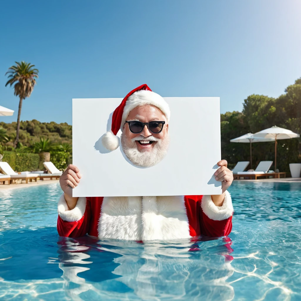 Captures an image from different angles of a swimming pool in which there are white rectangular signs in the water without any text, all posters are the same, In the center of the pool, a fat, smiling Santa Claus bathing in sunglasses floats in the water., very happy and holding a giant blank sign without text in his hands above his head . All the action takes place under a bright sun on a Mediterranean beach with impressive lighting for a perfect shot. Professional photography, 8k, RAW photo, The best quality, masterpiece, photorealistic, Highly detailed, cinematic lighting, sharp focus, réflex digital, high resolution, photorealistic, 