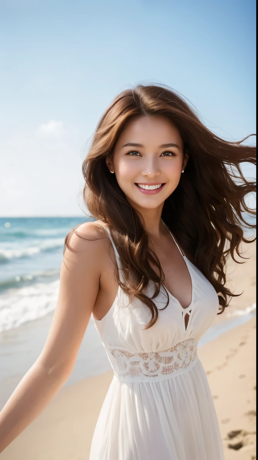 high resolution、transparency、Brown hair woman、curls、Smiling on the beach in a white dress