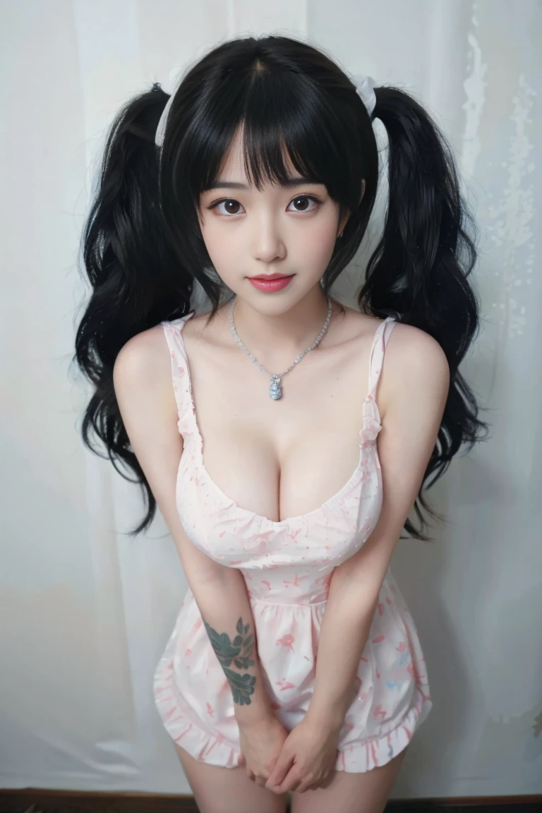 ulzzang-6500-v1.1,(raw photo:1.2),((photorealistic:1.30)), ((best quality)) ,((masterpiece)),((Ultra High Resolution)), ((Clear View)),,Ultra-high resolution,Clear face,(Reality:1.4) , illustration, an extremely delicate and beautiful, extremely detailed ,CG ,unity ,8k wallpaper, Amazing, finely detail, masterpiece,best quality,official art,extremely detailed CG unity 8k wallpaper,absurdres, incredibly absurdres, huge filesize, ultra-detailed, highres, extremely detailed,beautiful detailed girl, extremely detailed eyes and face, beautiful detailed eyes,light on face,cinematic lighting,1girl, 独奏, long hair, (twintails:1.5),brown hair,bare shoulders, jewelry, collarbone, earrings,smile, necklace, apron, (full body), standing, (Tattoos), (Tattoos on the body), (super Giant breasts:1.3), (shagging breasts:1.3),