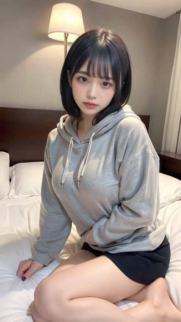 muste piece, best quality, illustration, Super detailed, fine details, High resolution, 8K,wall paper, perfect dynamic composition,(Details High quality, realistic depiction of eyes:1.3), Oversized Light Grey Hoodie, Erotic Shorts, short bob hair、Lying down, black hair color, Big Natural Color Lip, bold sexy pose, (perfect body shape), crying a little、cold gaze, Harajuku style、20 year old girl、cute type、lolita、beautiful legs, hotel room, hposing Gravure Idol, Voluptuous thighs