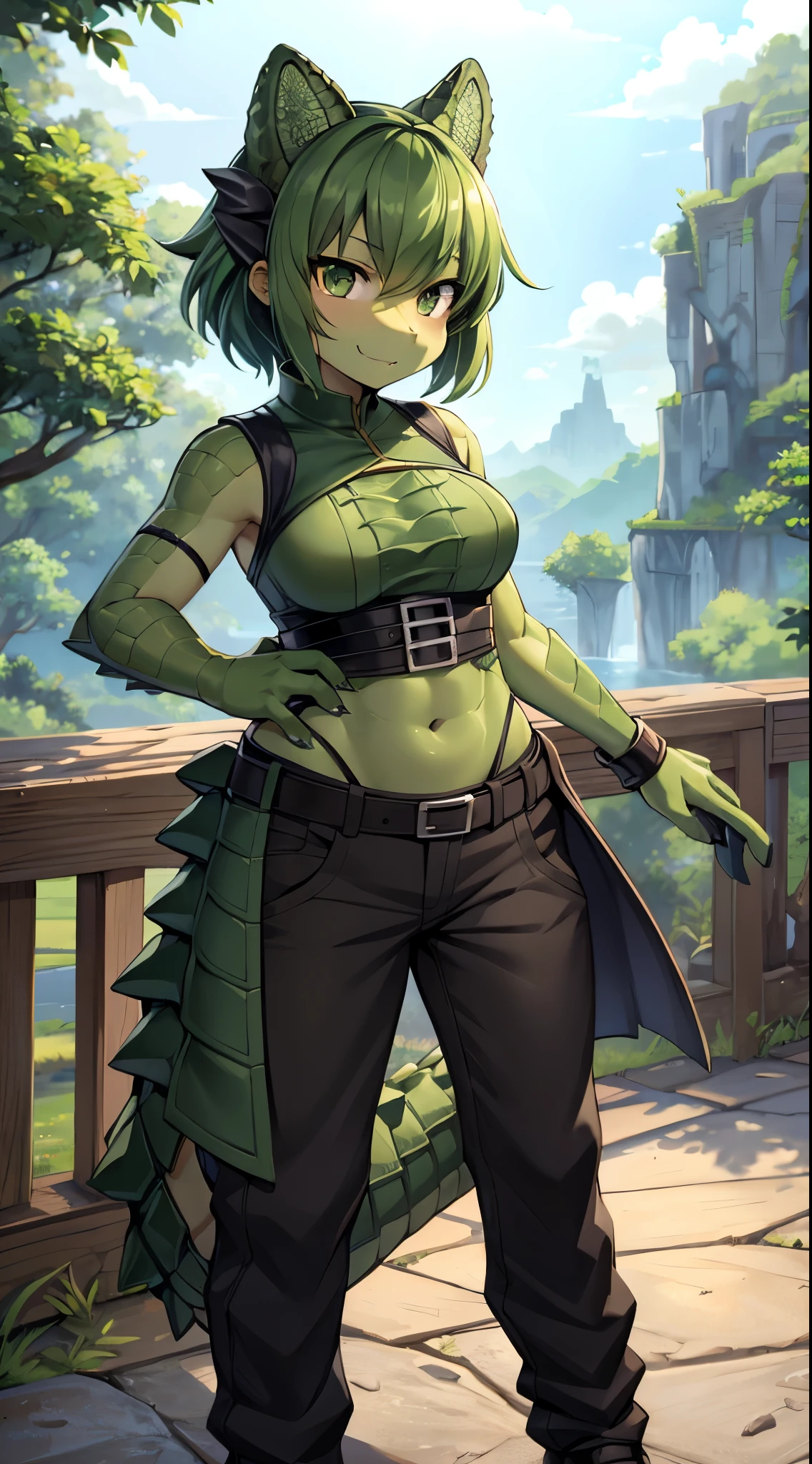 Crocodile girl，Crocodile girl，Crocodile tail，Crocodile tail，长着Crocodile tail的女孩，Dark green hair，Dark green hair，trousers，black色牛仔裤，Standing posture，black，Crocodile tail，Close-up above the waist，Limbs covered with crocodile skin，鳄鱼paw，paw，Crocodile Scale Wristguards，Alligator scale hands，Arms covered with crocodile scales，