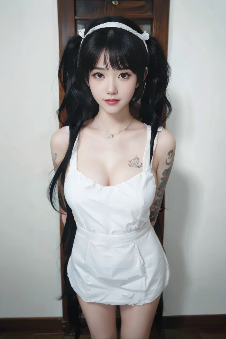 ulzzang-6500-v1.1,(raw photo:1.2),((photorealistic:1.30)), ((best quality)) ,((masterpiece)),((Ultra High Resolution)), ((Clear View)),,Ultra-high resolution,Clear face,(Reality:1.4) , illustration, an extremely delicate and beautiful, extremely detailed ,CG ,unity ,8k wallpaper, Amazing, finely detail, masterpiece,best quality,official art,extremely detailed CG unity 8k wallpaper,absurdres, incredibly absurdres, huge filesize, ultra-detailed, highres, extremely detailed,beautiful detailed girl, extremely detailed eyes and face, beautiful detailed eyes,light on face,cinematic lighting,1girl, 独奏, long hair, (twintails:1.5),brown hair,bare shoulders, jewelry, collarbone, earrings,smile, necklace, apron, (full body), standing, (Tattoos), (Tattoos on the body), (super Giant breasts:1.3), (shagging breasts:1.3), (from below),