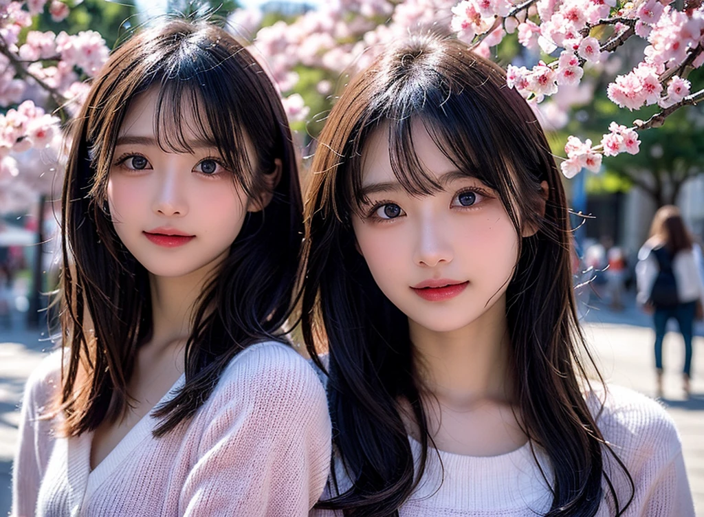 Tabletop, Highest quality, shape, Very detailed, finely, High resolution, 8k wallpaper, Perfect dynamic shape, Finely beautiful eyes, Wearing a pale pink knit,Medium Hair,Natural color lip, smile,harajuku、age Girl、cute、Looking into the camera、flat chest、Brown Hair、The background is a park with cherry blossoms in bloom、Street Snap、Anatomically correct, Ultra high definition, Winner of numerous awards,