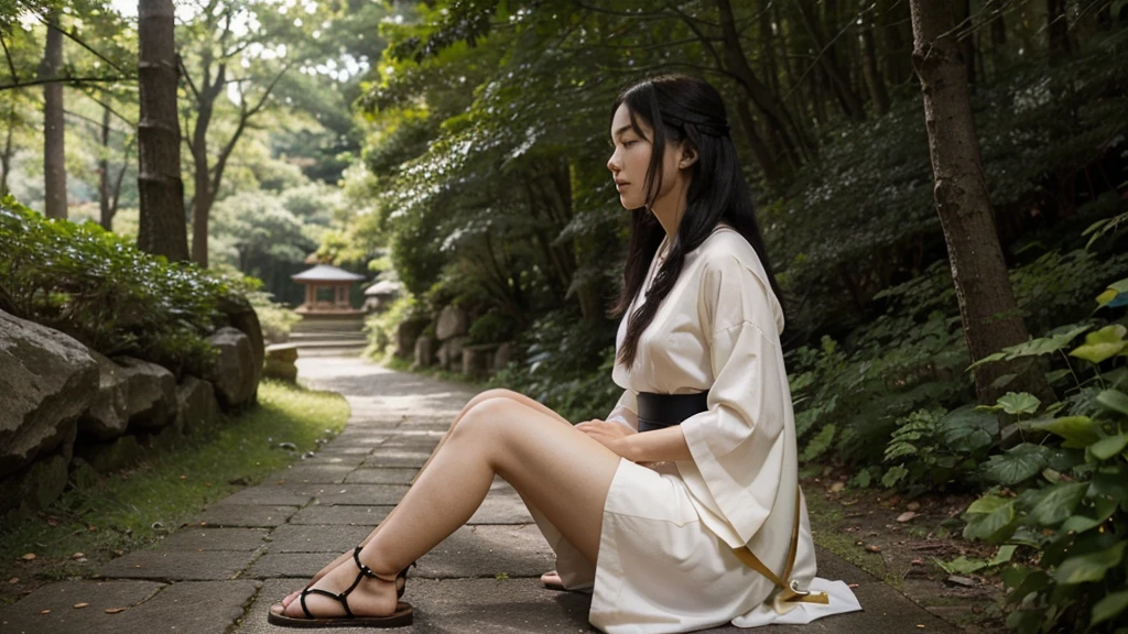 A beautiful shrine maiden in an elegant, sheer kimono stands gracefully on a sacred hill in the forest., A gold collar around his neck、Her chest is exposed and beautiful.。The feet are wearing sandals.。A kimono with a waist-length slit and knee-length。The colors are a perfect combination of red and white, which are symbols of purity.. Her jet black hair flowed long, well maintained、Shining in the sunlight. Her deep, His bright dark eyes radiated calm and wisdom., As if it holds an ancient tale from the past.. Her smooth, symmetrical face has the soft, calm Japanese look.、A gentle smile that gives off an aura of peace to the viewer, with the teeth faintly visible。He is praying towards the sky diagonally above and to the right.