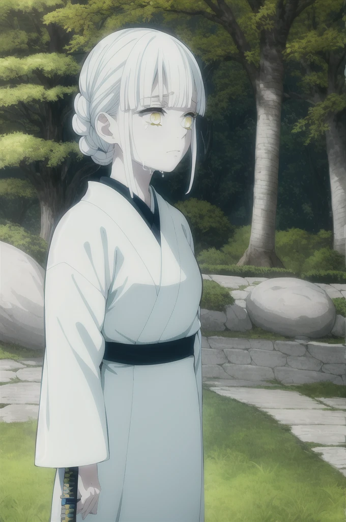 kimetsu no yaiba style, 1girl, white hair , solo, yellow eyes, holding a katana ,white hair, white kimono with blue flowers , outdoors, bangs, tree,, anime coloring, ((masterpiece)) , day background , beautiful girl, cute, solo , crying face,((high quality))