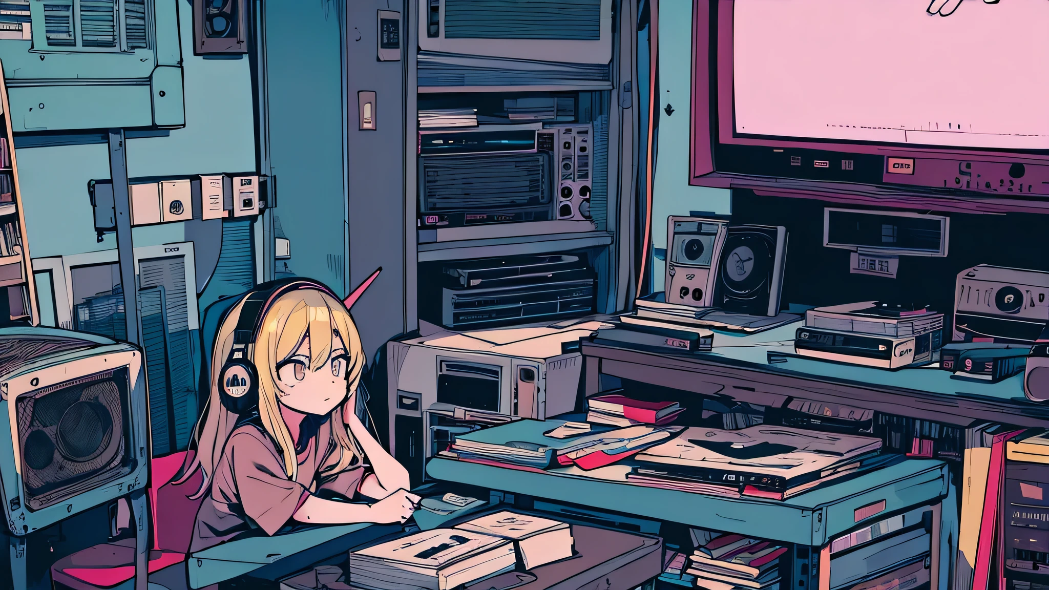 Best quality, (masterpiece), best detail face,1 girl, small breasts, 18 yo, 8k,absurdres,unity 8k wall paper,(extremely detailed:1.3), highest realistic, (retro headphones:), (soft neon light:), (psychedelic), Her room full of music equipment and records, sports wear , See the whole room , dark grey color pallet, blonde hair