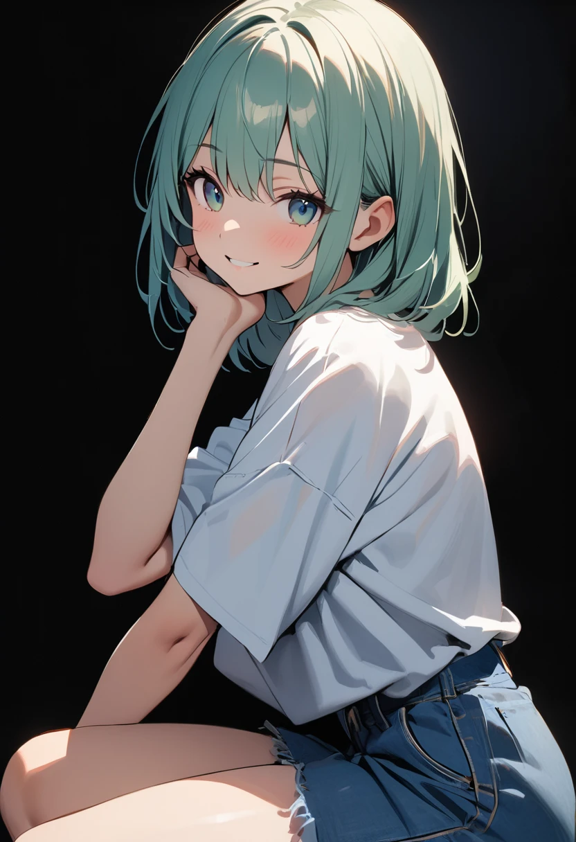 (masterpiece:1.2),Highest quality,Pixiv ,One girl,alone,View your viewers,,smile,White background only,whole body,From the side,One knee,,Look to the side、white background only、 Blue oversized shirt, Baggy jeans、No background
