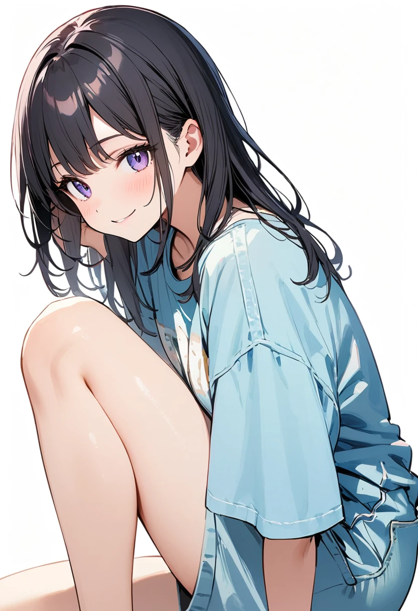 (masterpiece:1.2),Highest quality,Pixiv ,One girl,alone,View your viewers,,smile,White background only,whole body,From the side,One knee,,Look to the side、white background only、 Blue oversized shirt, Baggy jeans、No background