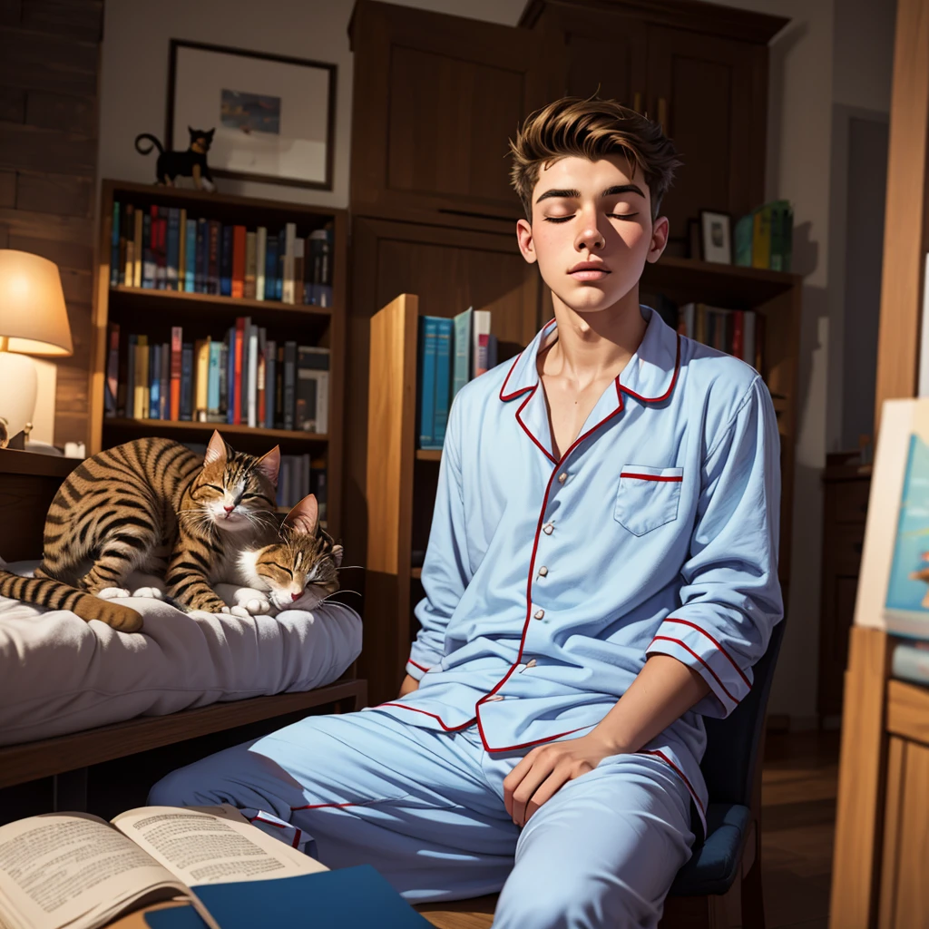 an 18-year-old boy falls asleep on a summer day behind books in his room.
Clothing Pajamas, hairstyle chosen by the artist. A cat is sleeping on the table, Высокое разрешение, Вид сверху, Лучшее качество,
