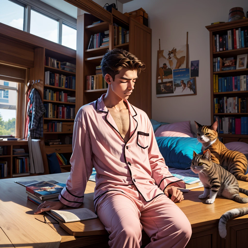 an 18-year-old boy falls asleep on a summer day behind books in his room.
Clothing Pajamas, hairstyle chosen by the artist. A cat is sleeping on the table, Высокое разрешение, Вид сверху, Лучшее качество, 