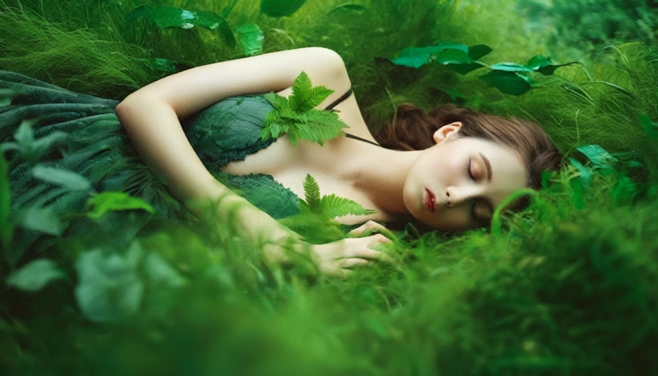 (masterpiece), Highest quality, One girl, (Sleeping in a forest of lush grass and leaves),Realistic photos, Professional photos, ((Overlooking,A hazy atmosphere))