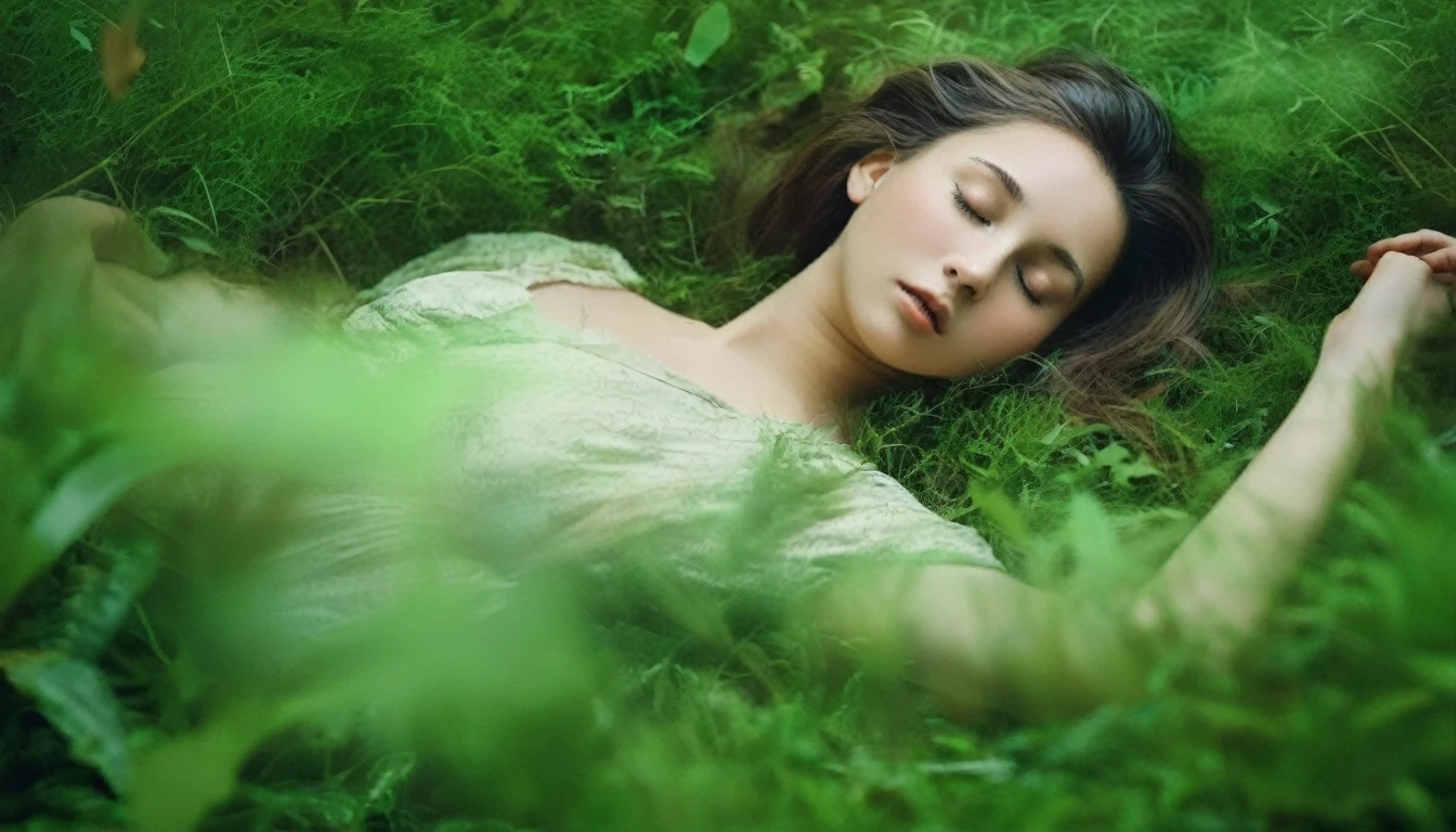 (masterpiece), Highest quality, One girl, (Sleeping in a forest of lush grass and leaves),Realistic photos, Professional photos, ((Overlooking,A hazy atmosphere))