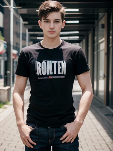 24 year old, white skin, boy, short brown hair, skinny, pc gamer, black jeans, Black t-shirt