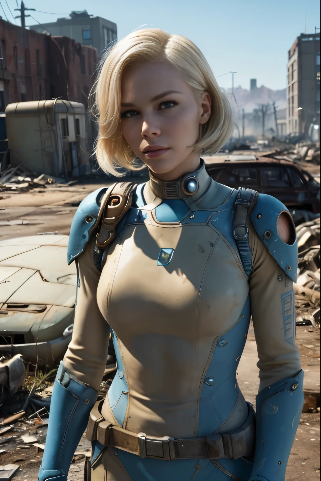 A beautiful American woman, platinum-blonde hair, wearing a high detail blue Fallout 4 vault suit, high detail face, high detail skin, seductive expression, perfect body, perfect proportions), Heavy Metal aesthetic, an overgrown city long ruined by nuclear war in the background, high quality, masterpiece, realistic photo, intricately detailed, 8k, HDR, shallow depth of field, wide light, high contrast, backlight, sharp focus, RAW color photo, looking at the camera, cool colors, dynamic poses, in the style of Fallout 4