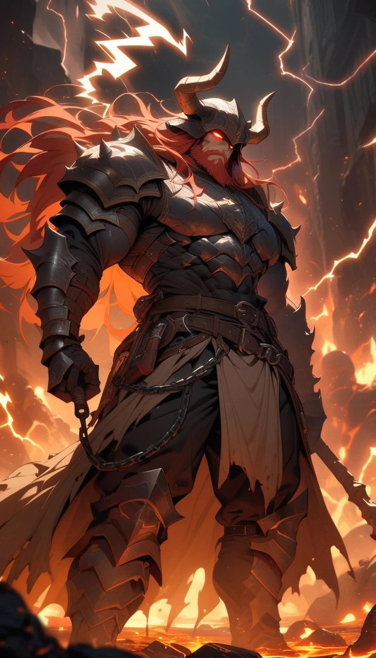 ((best quality)) , ((masterpiece)) , (detailed),axe, 1boy, male focus, horns, glowing eyes, holding, beard, glowing, solo, weapon, holding axe, facial hair, muscular, fire, holding weapon, chain, looking at viewer, long hair, lightning, muscular male, red hair, horned helmet, armor, helmet, belt, fake horns, molten rock, feet out of frame, standing, battle axe, electricity