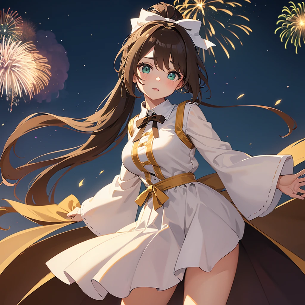 long brown hair tied in a ponytail with a white bow at the back. in front, two long strands hanging down to her chest. Fireworks in the sky, standing at the Paris Tower. Green eyes. Big breast
