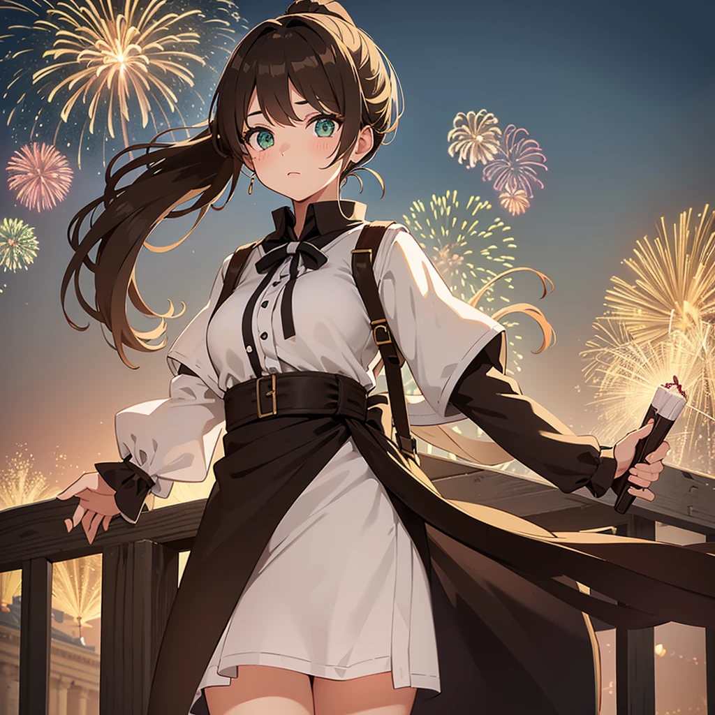 long brown hair tied in a ponytail with a white bow at the back. in front, two long strands hanging down to her chest. Fireworks in the sky, standing at the Paris Tower. Green eyes. Big breast
