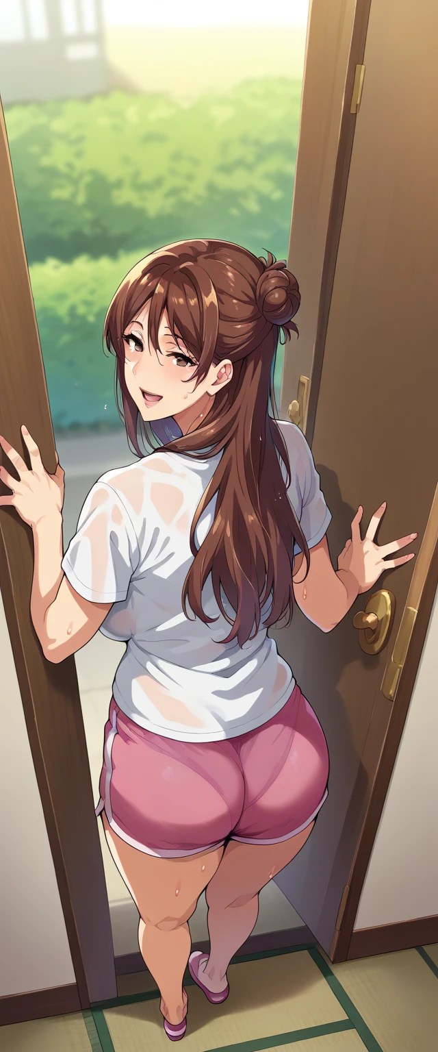 best quality, masterpiece, ultra-detailed, high quality, highres, takeda hiromitsu style, 1girl, mature female, brown hair, long hair, half bun, beautiful, beautiful and perfect face, smile, open mouth, looking at viewer, (white t-shirt, pink shorts), sweating, see through, breasts, large ass, curvy body, POV, close shot, from the side, from behind, from above, hand grabbed ass, full body, standing sideways, in home, open the door, leaning forward
