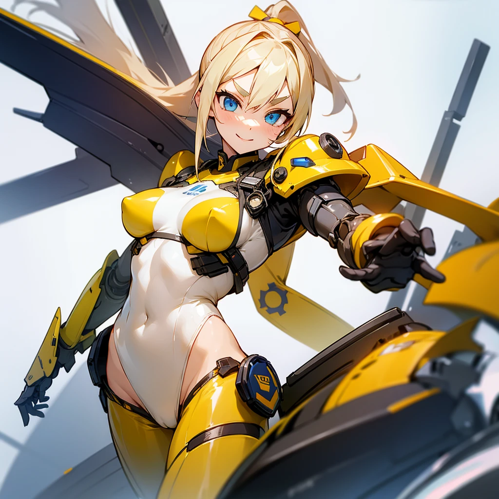 Smiling girl in a revealing see-through mechanical micro bikini in yellow and orange with shiny wet skin,Gal-like ponytail,Fully transparent glass texture micro bikini armor,水色ライトの透明なMechanical Armor,（Highest quality）,（8k）,Mechanical Armor,Show all,（Thinly visible genitals）,Accentuated breasts,Mechanical firearms equipment,Eyebrows rise,Bullish expression,Blonde,Don&#39;t blush,Laugh with your mouth closed,Standing on a white floor,White background,（Show the whole body）,View your viewers