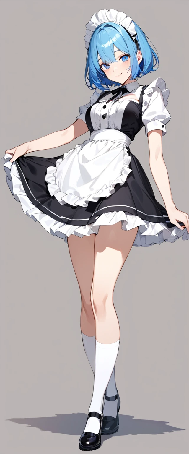 Beautiful girl in maid、whole body、Standing posture、(Top quality illustrations:1.2), (pretty girl:1.1), (1 girl、17 years old、Top quality illustrations:1.2), (1 girl、smile、Beautiful breasts、Highly detailed eyes:1.2)、Bright blue hair、Short Bob Hair、(Black and white maid costume、White knee-high socks) 、White background、Simple Background