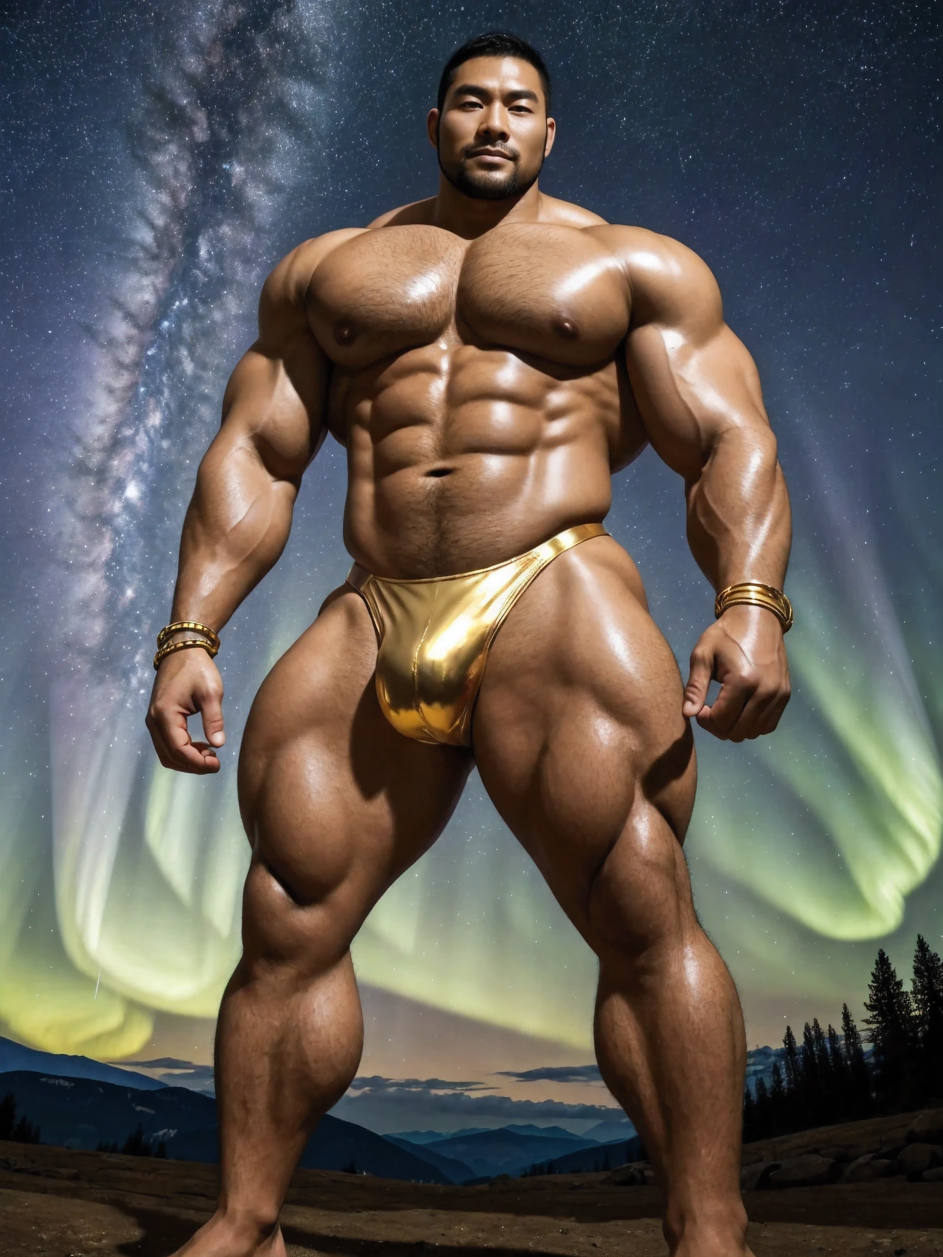 There is only one handsome Chinese man in the photo,35 years old,tall, Fitness,Smooth body,Smooth skin,No chest hair,short hair, O-Shaped Beard,Perfect body, Dark skin color,Radiant Skin,Smooth skin,Shiny, shiny skin,Smooth pectoral muscles,Muscle bulge, muscular, Very large pectoral muscles,Very sexy abdominal muscles,Very well-developed leg muscles,Huge concave and convex area,Brightens oily skin,Wearing a shiny gold leather thong,Handsome face,Normal human toes,Correct and accurate male body proportions,Gold Collar,Gold bracelet,Gold anklets,Standing in the Swiss landscape,Night sky,A sky full of stars,There are auroras,Colorful,Charming dream scene,Epic。