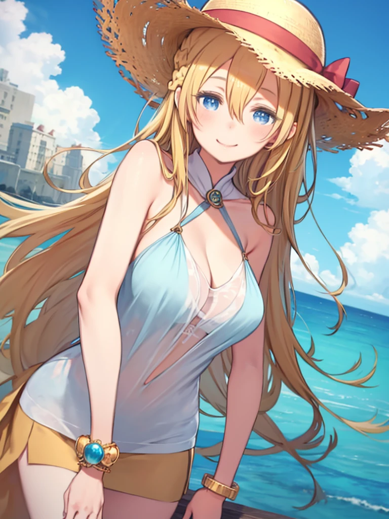 masterpiece, Highest quality, One Mature Woman、Golden Hair、long hair、Blue eyes、Hair between the eyes、Braid、Big Breasts、Gradient Hair, bracelet, Large Breasts, camisole, Cleavage,  Straw hat, Beach, Wave, Wink, Close one eye, With one eye open, smile、