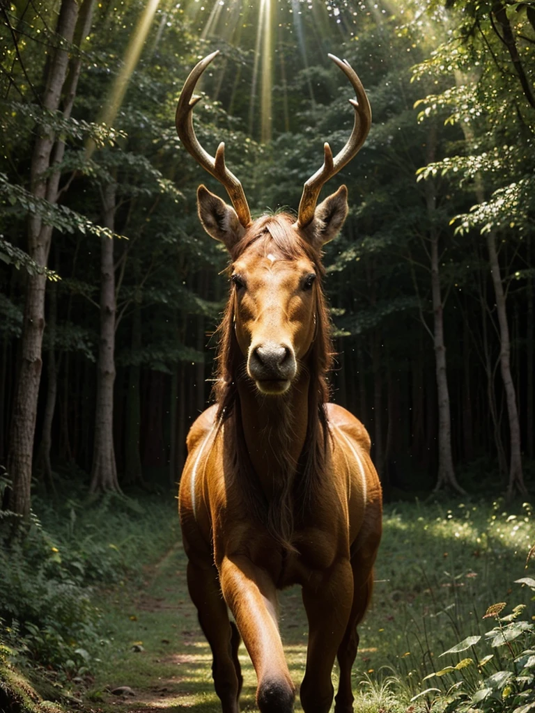 An oilpainting ,expressive brush work, realistic, dramatic, In the heart of the mystical forest, a majestic horses stands tall, surrounded by lush greenery and illuminated by the golden rays of the sun. This magnificent being is a combination of a deer and a dragon, with antlers that gleam like polished emeralds and shimmering scales that reflect the light like mirrors. Its eyes are a mesmerizing shade of amber, exuding intelligence and grace. This enchanting image, painted with exquisite detail and vivid colors, captures the creature in all its mythical glory.