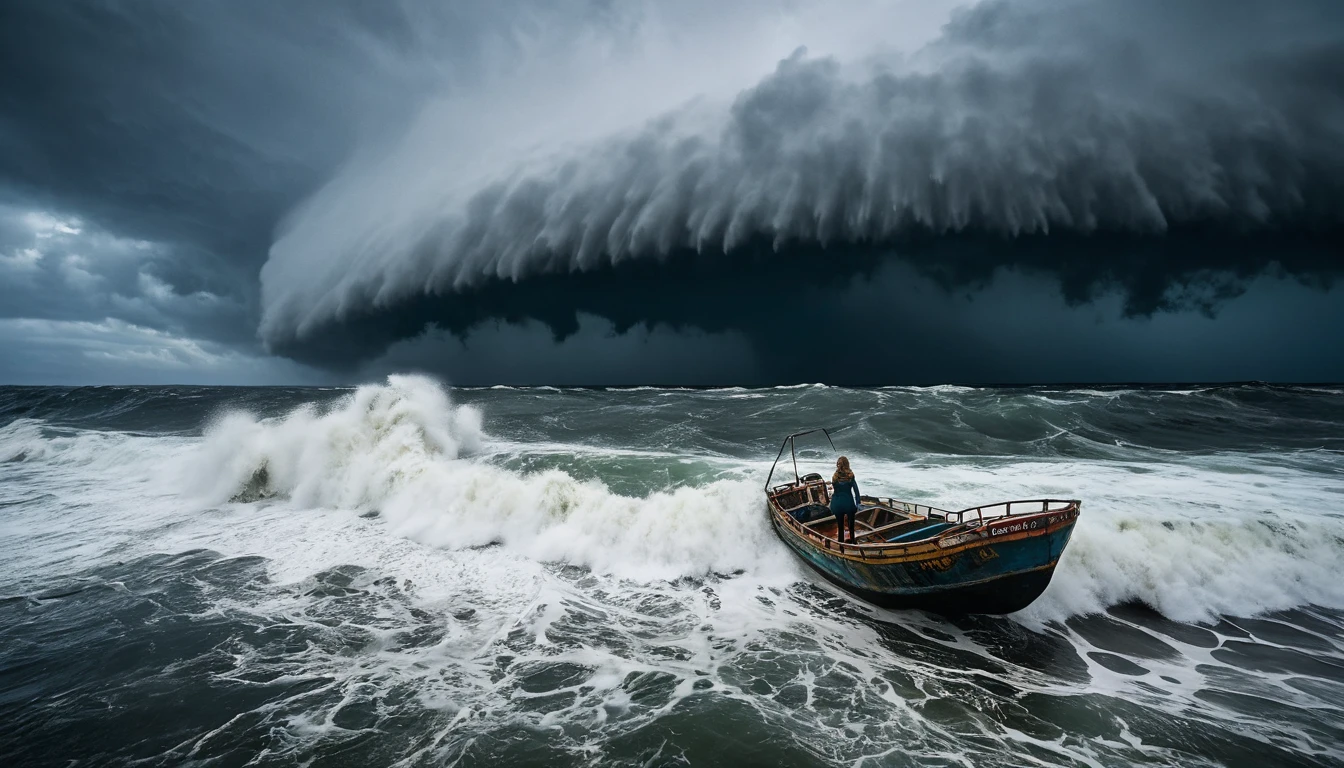 A wide angle full body shot of a woman stranded in the middle of the sea with a wrecked boat, seeing a giant wave heading her way, the scene is filled with a sense of imminent danger and tension, captured during a stormy afternoon with dark clouds and rough seas, shot with an Olympus Tough TG-6, wide angle lens, high contrast and dramatic tones