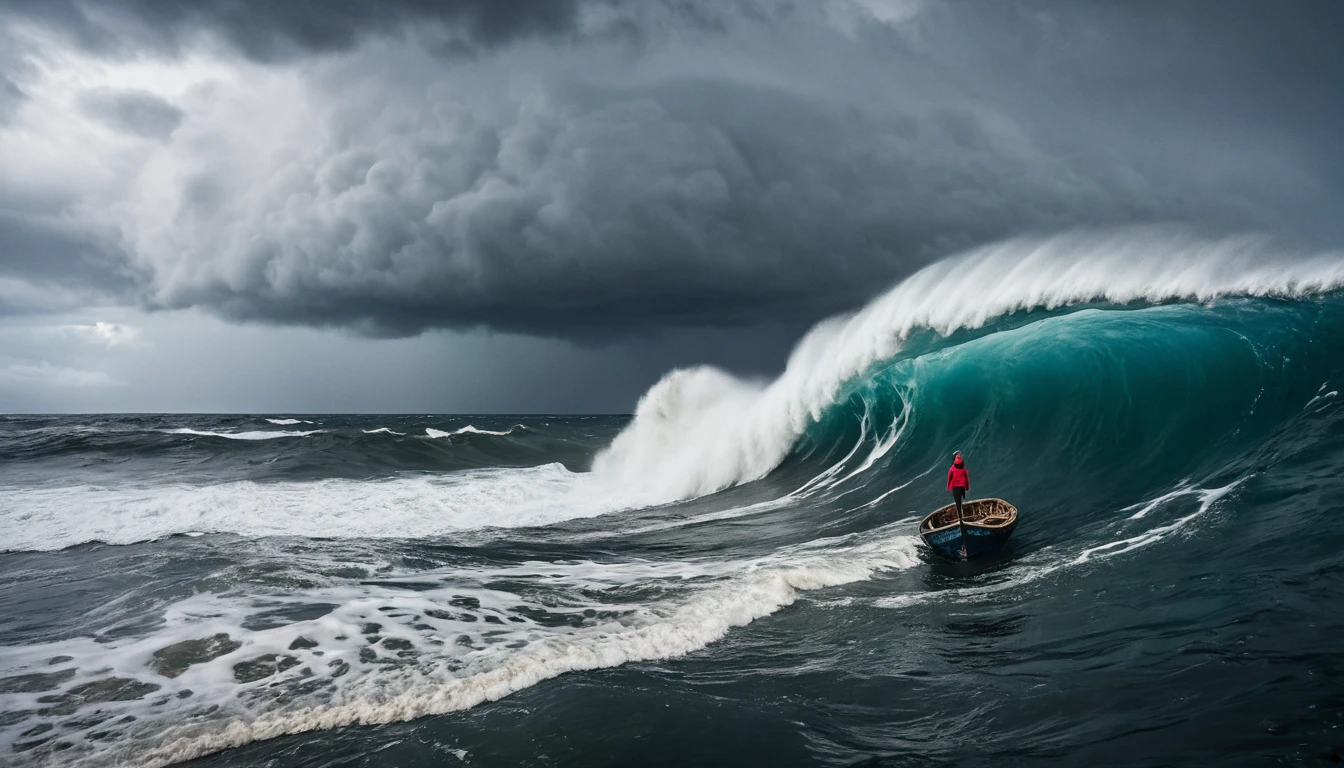 A wide angle full body shot of a woman stranded in the middle of the sea with a wrecked boat, seeing a giant wave heading her way, the scene is filled with a sense of imminent danger and tension, captured during a stormy afternoon with dark clouds and rough seas, shot with an Olympus Tough TG-6, wide angle lens, high contrast and dramatic tones