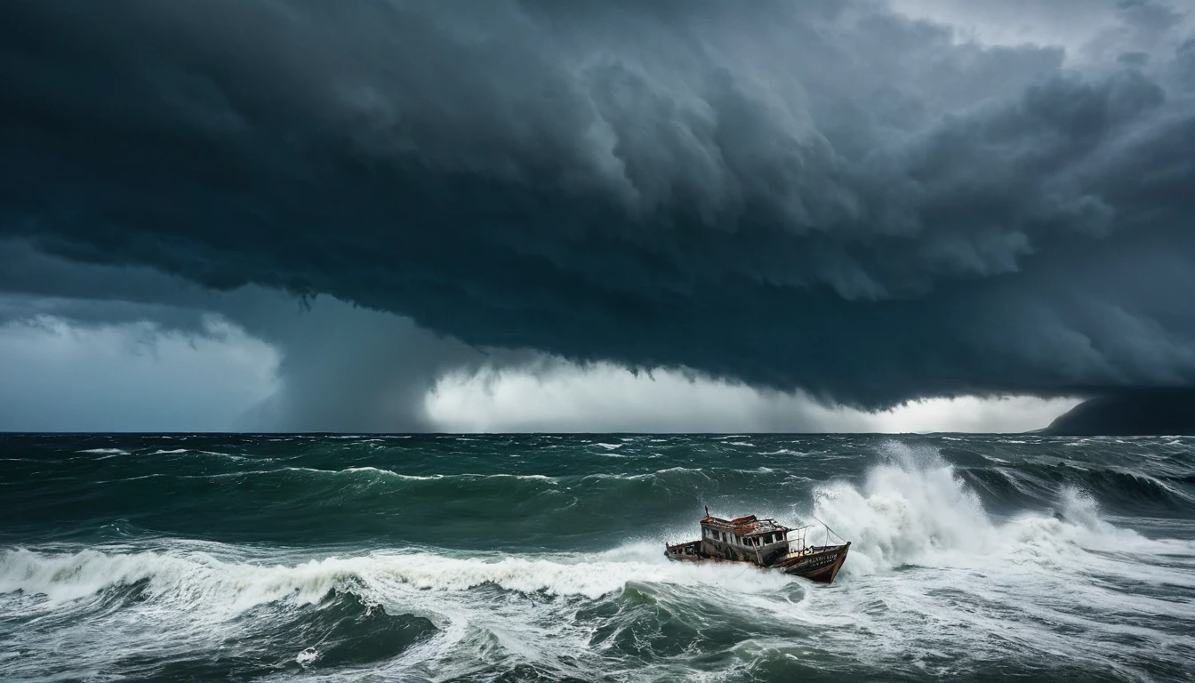 A wide angle full body shot of a woman stranded in the middle of the sea with a wrecked boat, seeing a giant wave heading her way, the scene is filled with a sense of imminent danger and tension, captured during a stormy afternoon with dark clouds and rough seas, shot with an Olympus Tough TG-6, wide angle lens, high contrast and dramatic tones