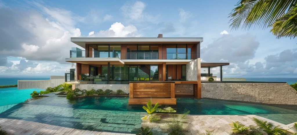 exterior tropical villa, cladding stone mix with nature wood material, glass rail, glass door, plants on balcony, glass window, ((nice landscape with tropical trees and plants)), green grass, best quality, high quality, master piece, realistic photo, front swimming pool, daylight, sunlight, ((tropical forest in the background))
