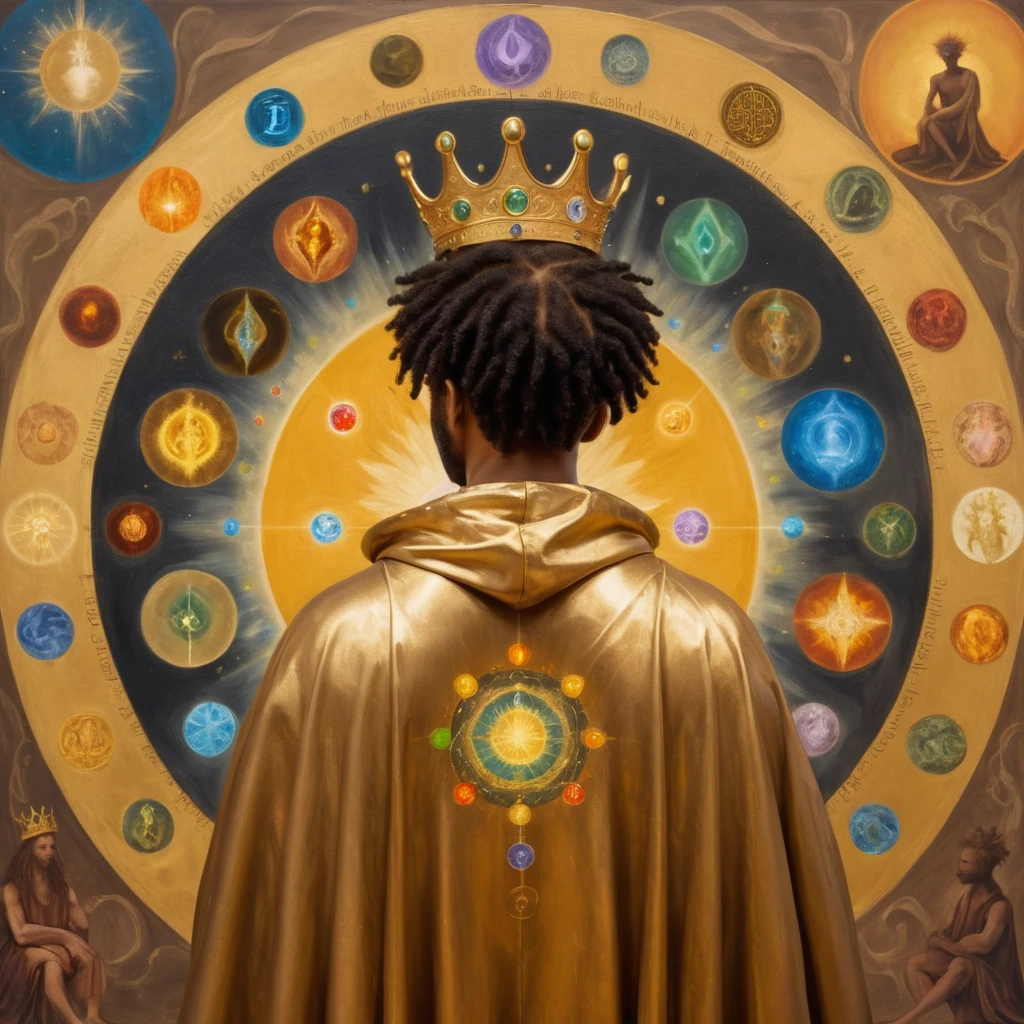 black man back, shorth hair (scrached), with a crown on his head and a cedar, with a golden cloak with the 7 chakras, luxurious setting, and with art and beautiful elements. He looks and beholds the cosmic golden celestial realms, with astrology elements, renaissance painting, oil painting inspired by leonardo da vinci. 