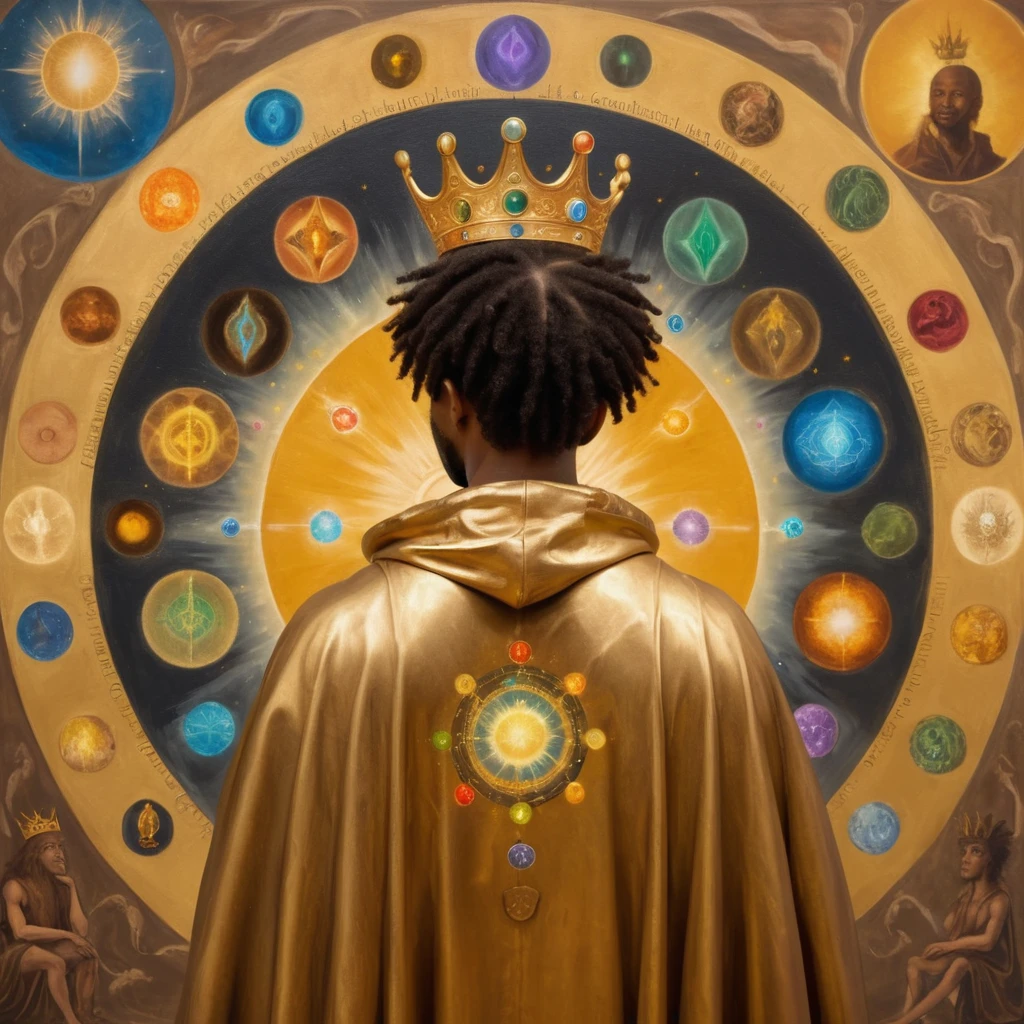 black man back, shorth hair (scrached), with a crown on his head and a cedar, with a golden cloak with the 7 chakras, luxurious setting, and with art and beautiful elements. He looks and beholds the cosmic golden celestial realms, with astrology elements, renaissance painting, oil painting inspired by leonardo da vinci. 