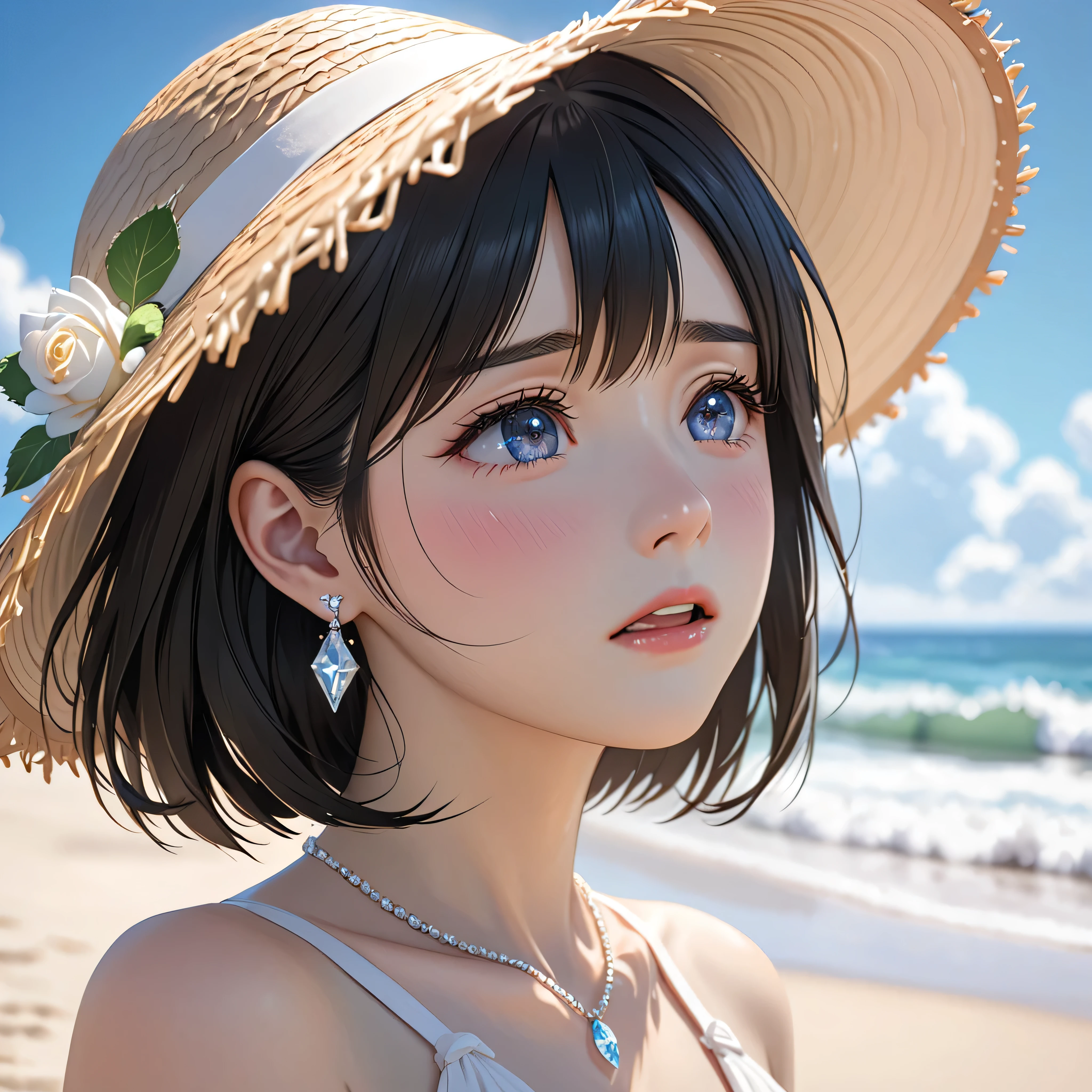 National Science Foundation,masterpiece,High resolution,8k,Art,digit,Three-dimensional,Realism,Kyoto Animation Style,your name movie style,looking into camera,cute,On the scenic beach,(1 girl: 1.3),(alone: 1.4),(Upper body nudity),Put your hands behind your head,White Rose Summer Sunshade Straw Hat,white crystal necklace,White crystal earrings,Black hair,Long eyelashes,Slender legs,Short Bob,Close-up of upper body,Close-up,(A Closer Look),Eyes as deep as the starry sky,shy,blush,pain,sad,sad,cry,Tears,open mouth