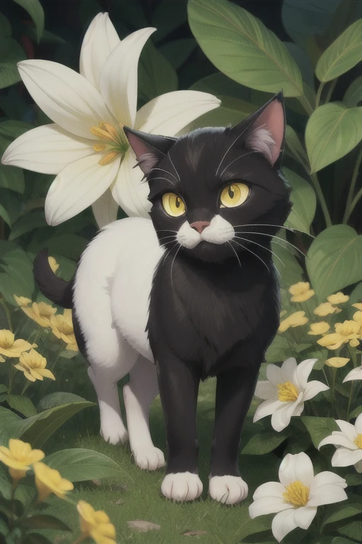 catboy, eyes black, animal focus, animal, ventail, yellow flower,white flower, plantar,