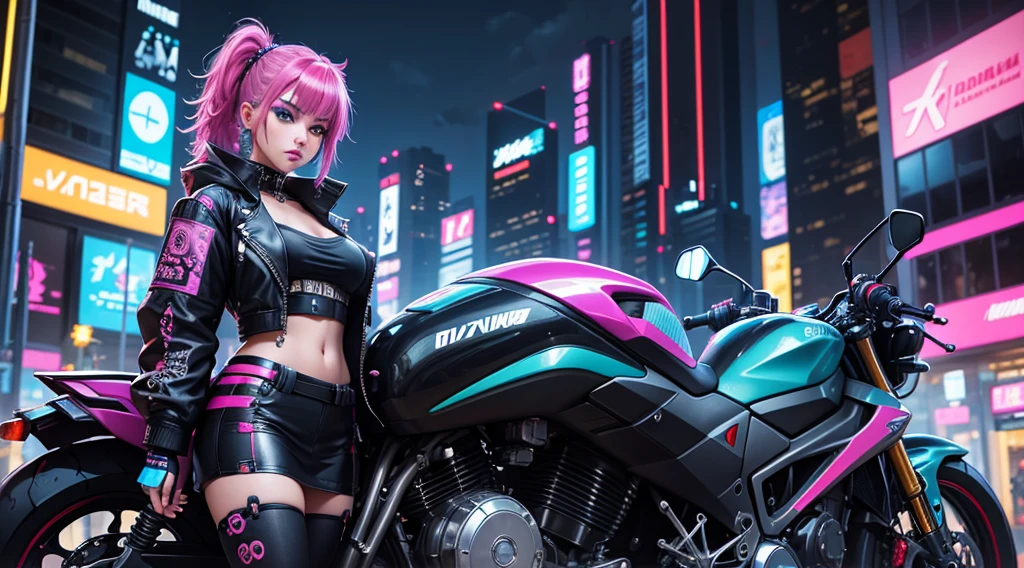 masterpiece, best quality, Confident cyberpunk girl, full body shot, ((standing in front of motorcycle)), Harajuku-inspired pop outfit, bold colors and patterns, eye-catching accessories, trendy and innovative hairstyle, vibrant makeup, Cyberpunk dazzling cityscape, skyscrapers, neon signs, LED lights, bright and vivid color scheme, anime, illustration, detailed skin texture, detailed cloth texture, beautiful detailed face, intricate details, ultra detailed.8k