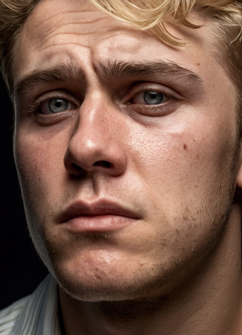 Impressive portrait of a 26-year-old man, deeply dejected and weeping. Every detail is meticulously depicted, from her naturally blonde hair to her watery eyes, Captured with exceptional quality in high resolution. The expression of sadness is remarkable, with sharp focus that highlights the intricate details of the skin and eyes. This masterpiece was made with an 85-millimeter Canon camera, Offering a smooth depth of field and enhancing Kodak Vision color. The man's body is perfectly framed, The result is an extremely detailed image that conveys the harshness of real life. This portrait is an example of ultra-realism in photography, with 8K UHD image quality and post-processing that focuses on maximum detail.
