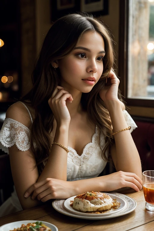 Lola Astanova sitting at a table in a cozy restaurant, enjoying a delicious meal, 1girl, beautiful detailed eyes, beautiful detailed lips, extremely detailed face, longeyes, wearing a lovely dress, warm lighting, realistic, photorealistic, 8k, ultra-detailed, masterpiece, elegant, chiaroscuro lighting, cinematic composition, moody atmosphere, natural colors