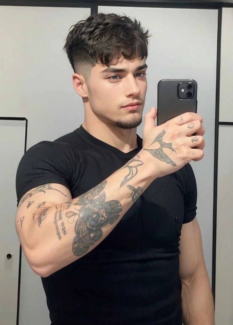 Youngh, age 25, smooth handsome goatee, muscular man photo in the mirror looking at the camera straight hair