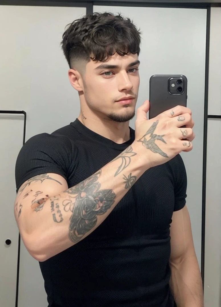 Youngh, age 25, smooth handsome goatee, muscular man photo in the mirror looking at the camera straight hair