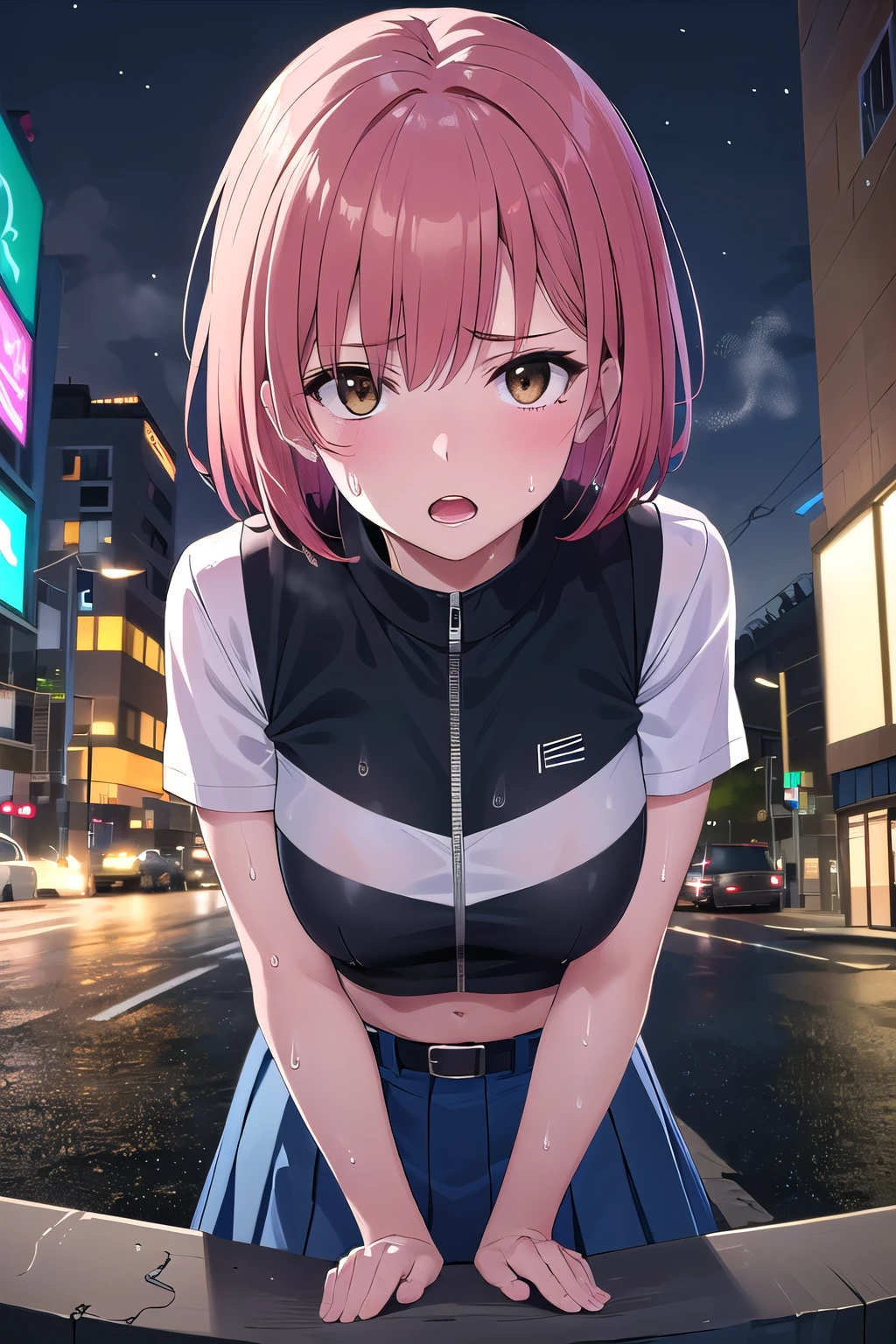 nobarakugisaki, nobara kugisaki, bob cut, (brown eyes:1.7), pink hair, lips, short hair,
BREAK belt, brown belt, brown pantyhose, crop top, crop top overhang,pantyhose, pleated skirt, shirt tucked in, skirt, blue skirt, white crop top,wet top,
BREAK looking at viewer,in street,night,neon lights,cyberpunk,wet road,reflections,
BREAK (masterpiece:1.2), best quality, high resolution, unity 8k wallpaper, (illustration:0.8), (beautiful detailed eyes:1.6), extremely detailed face, perfect lighting, extremely detailed CG, (perfect hands, perfect anatomy),upper body,from above,bend over, BRAKE (sweat:1.5), (steam:1.2), (masturbation:1.2), (girl trembling with sexual climax:1.1), (looking at viewer:1.3), (open mouth:1.2)