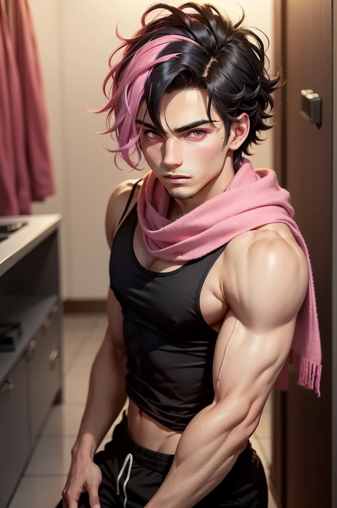 A young man with pink eyes short wavy black hair with hot pink tips and wears a tank top and has a scarf he is not so muscular and he wears a normal black tank top
