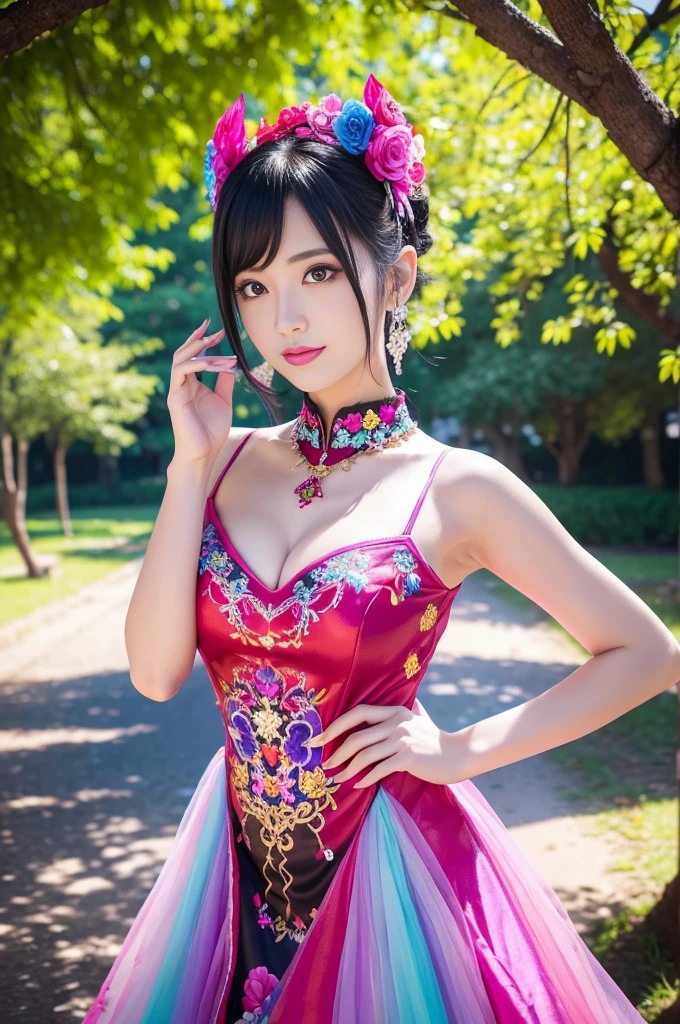 (masterpiece:1.4), (best quality:1.4), ultra high res, ultra high resolution, ((detailed facial features)), HDR, (realistic, photorealistic, photo-realistic:1.37), full body Esbian, sexy Vietnamese model, (-anime), vivid colors, ((vivid colors multicolor (pink, fuchsia, purple) very short hair)), (happy smile), lip-gloss, long lashes, ultra detailed metallic makeup, defined eyebrows, wearing large sparkling colorful jewelery, wearing a red silk Paradise Kiss cosplay dress with black floral embroidery, ((vivid colors outfit)), vivid colors, look at the camera, cinematic light, large park background with trees, sweet and sexy pose